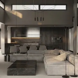 Przestronny salon z otwartą kuchnią w odcieniach szarości, z dużym narożnikiem, marmurowym stolikiem kawowym i kominkiem, oświetlony nowoczesną lampą wiszącą i wysokimi oknami.