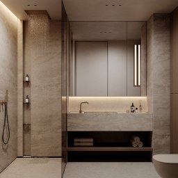 Edyta Sowińska Interior Design - Nowoczesna łazienka w beżach: deszczownica, marmurowa umywalka z podświetleniem LED, minimalistyczne półki i akcesoria. Elegancki design z dbałością o detale.