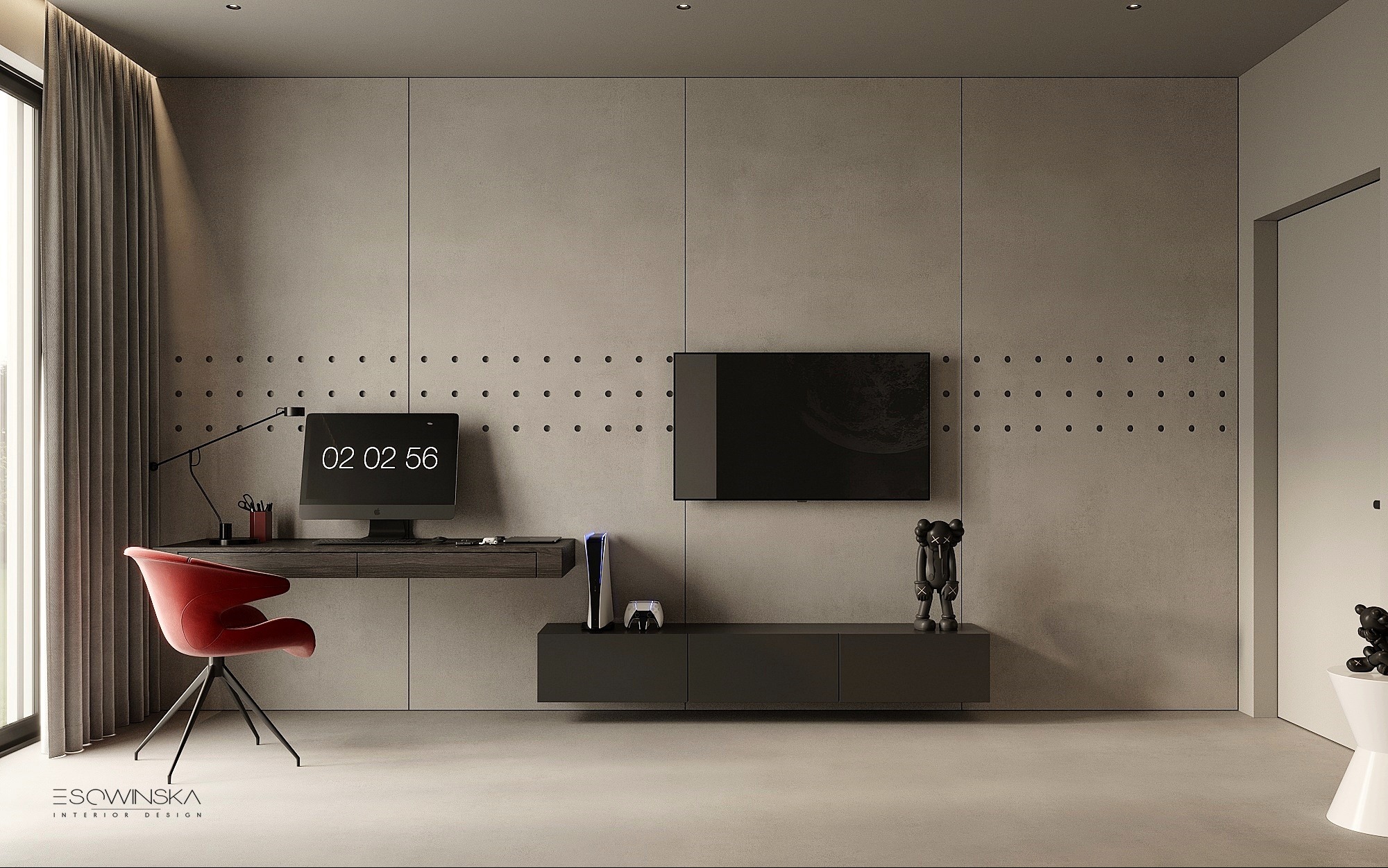 Nowoczesny pokój z biurkiem, czerwonym krzesłem, telewizorem, konsolą PlayStation 5 i dekoracyjnymi figurkami, wykończony w szarościach i czerniach z punktowym oświetleniem na ścianie.