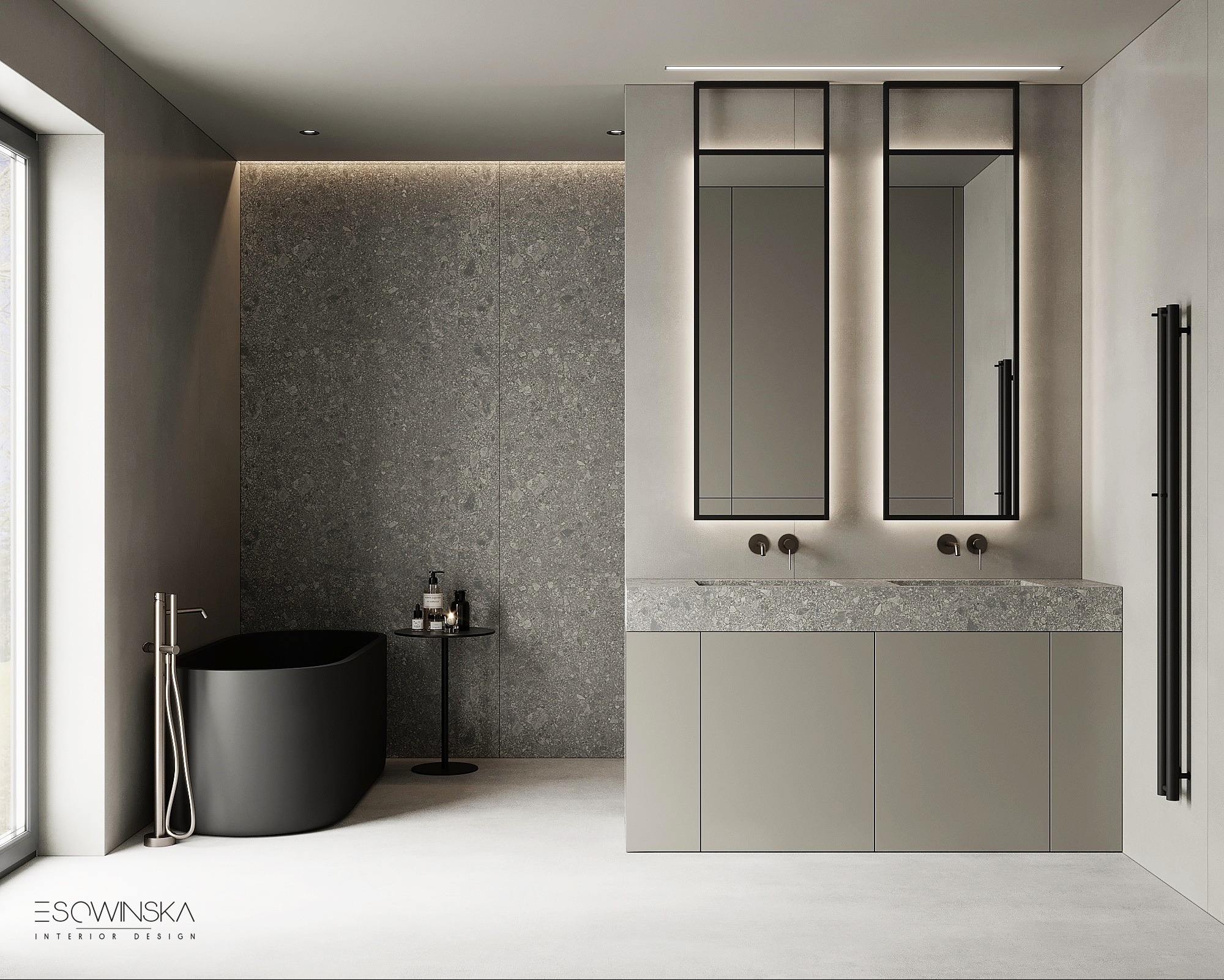 Nowoczesna łazienka w odcieniach szarości z czarną wanną wolnostojącą, minimalistyczną armaturą i podświetlanymi lustrami.