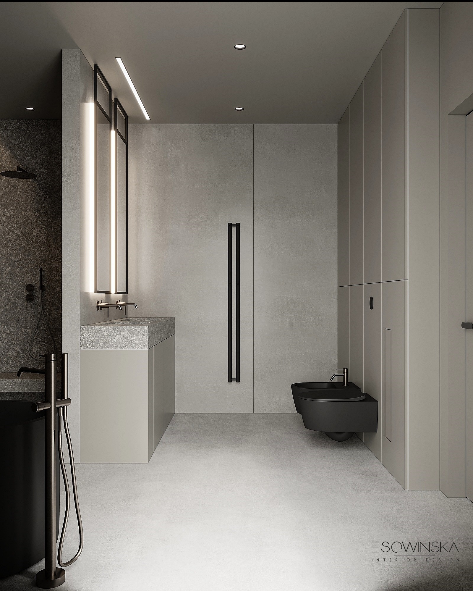 Minimalistyczna łazienka w odcieniach szarości z czarną armaturą, podświetlane lustro, umywalka z kamiennym blatem i wiszący bidet.