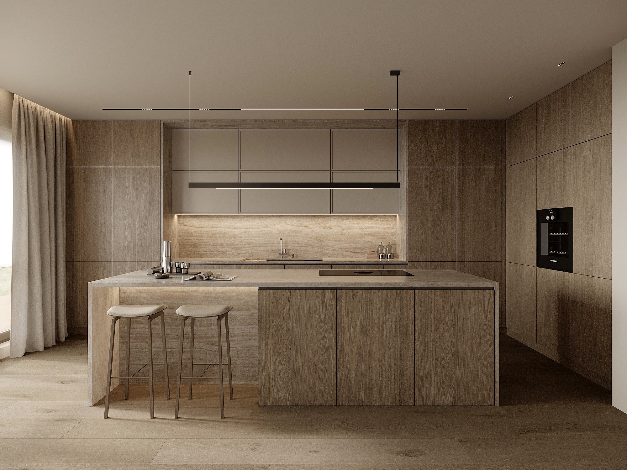 Nowoczesna kuchnia z wyspą, drewniane fronty szafek, minimalistyczne oświetlenie. Dwa hokery przy wyspie. Elegancki design, ciepłe barwy, zabudowa kuchenna.