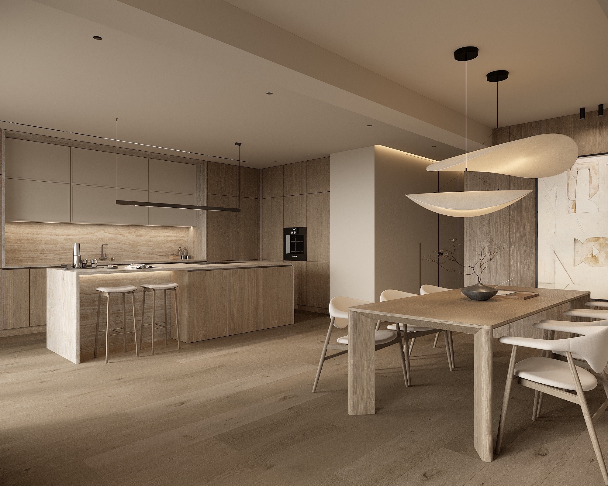 Nowoczesna kuchnia z wyspą i jadalnią w odcieniach beżu i drewna. Minimalistyczne oświetlenie, drewniana podłoga i designerskie krzesła.