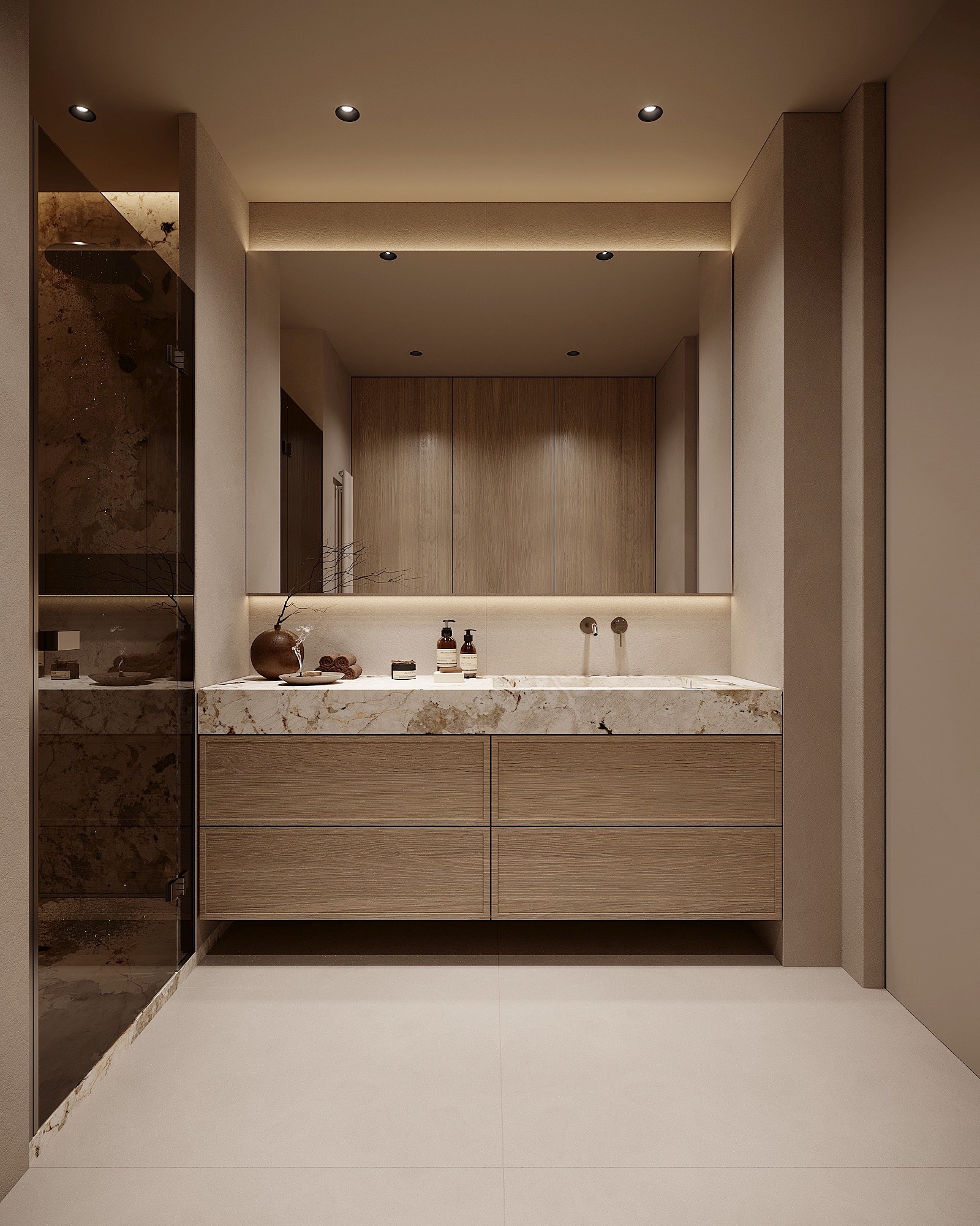 Nowoczesna łazienka z marmurowym blatem, drewnianymi szafkami i minimalistyczną armaturą. Oświetlenie punktowe podkreśla elegancję wnętrza. Widoczna kabina prysznicowa.