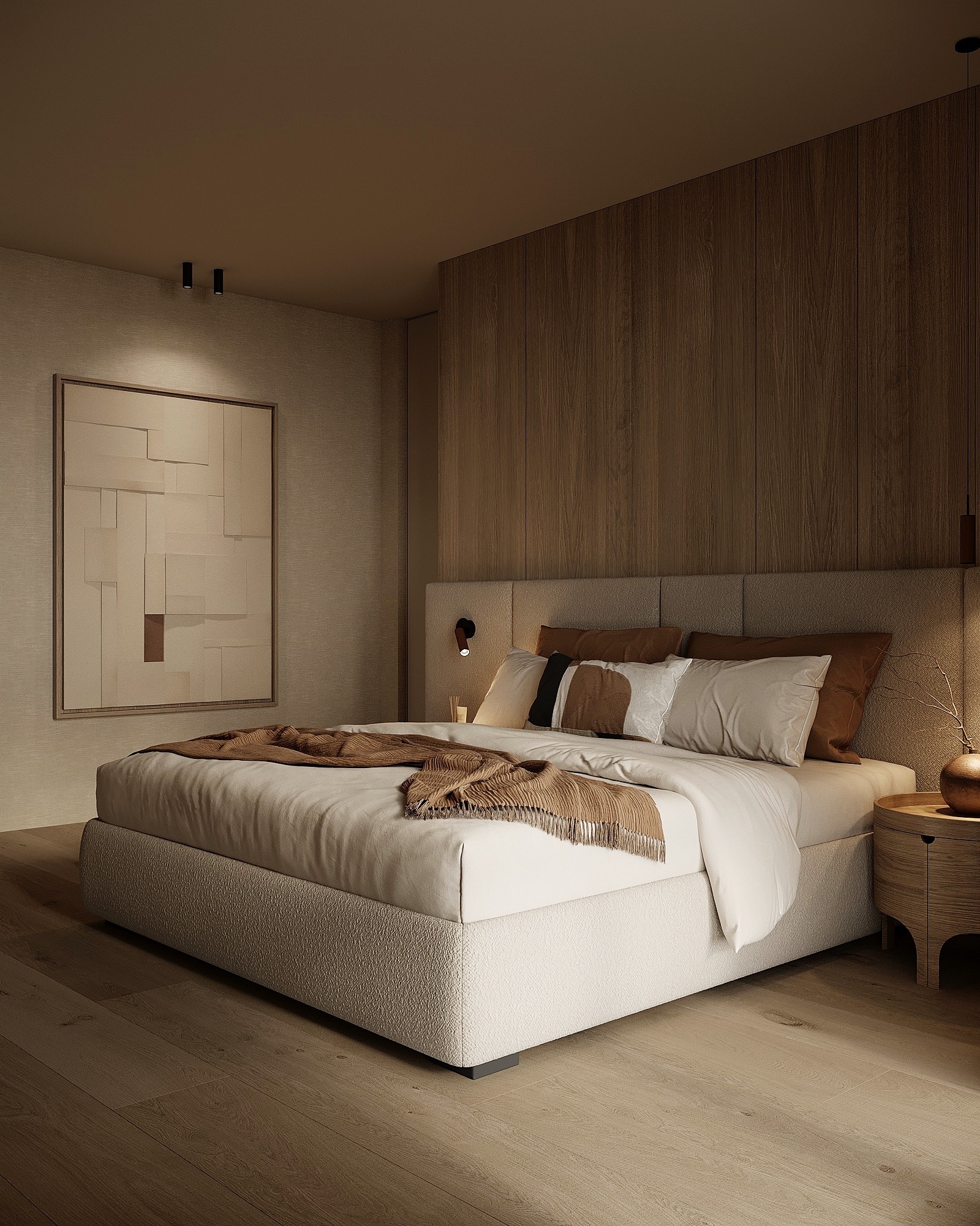 Nowoczesna sypialnia z łóżkiem typu king-size, drewnianą ścianą i abstrakcyjnym obrazem. Stonowana kolorystyka, minimalistyczne oświetlenie i tekstylia tworzą przytulną atmosferę.
