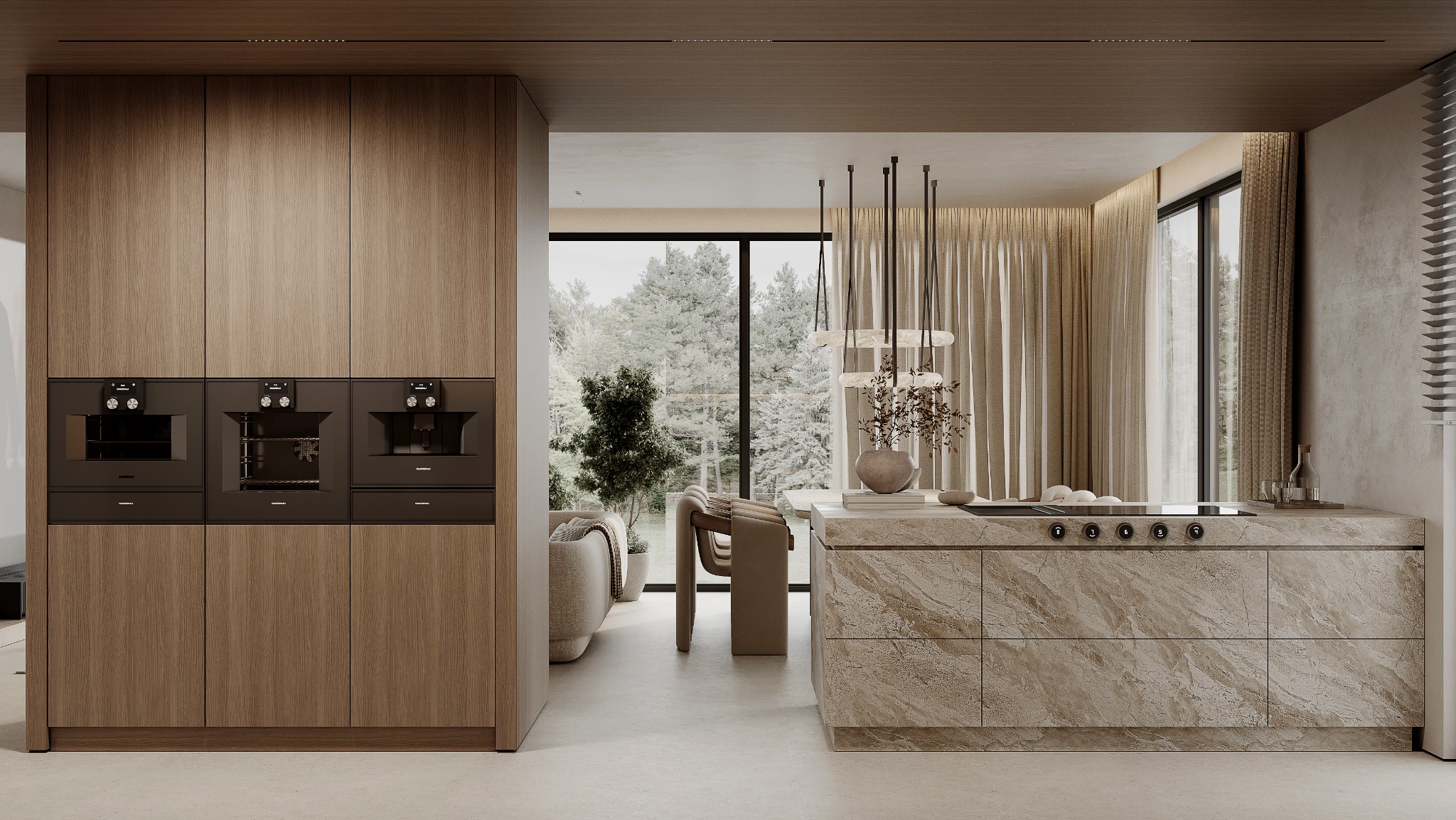 Nowoczesna kuchnia w beżach: zabudowa z drewnianymi frontami, sprzęt AGD w zabudowie, wyspa z marmurowym blatem, widok na zimowy ogród przez okno.
