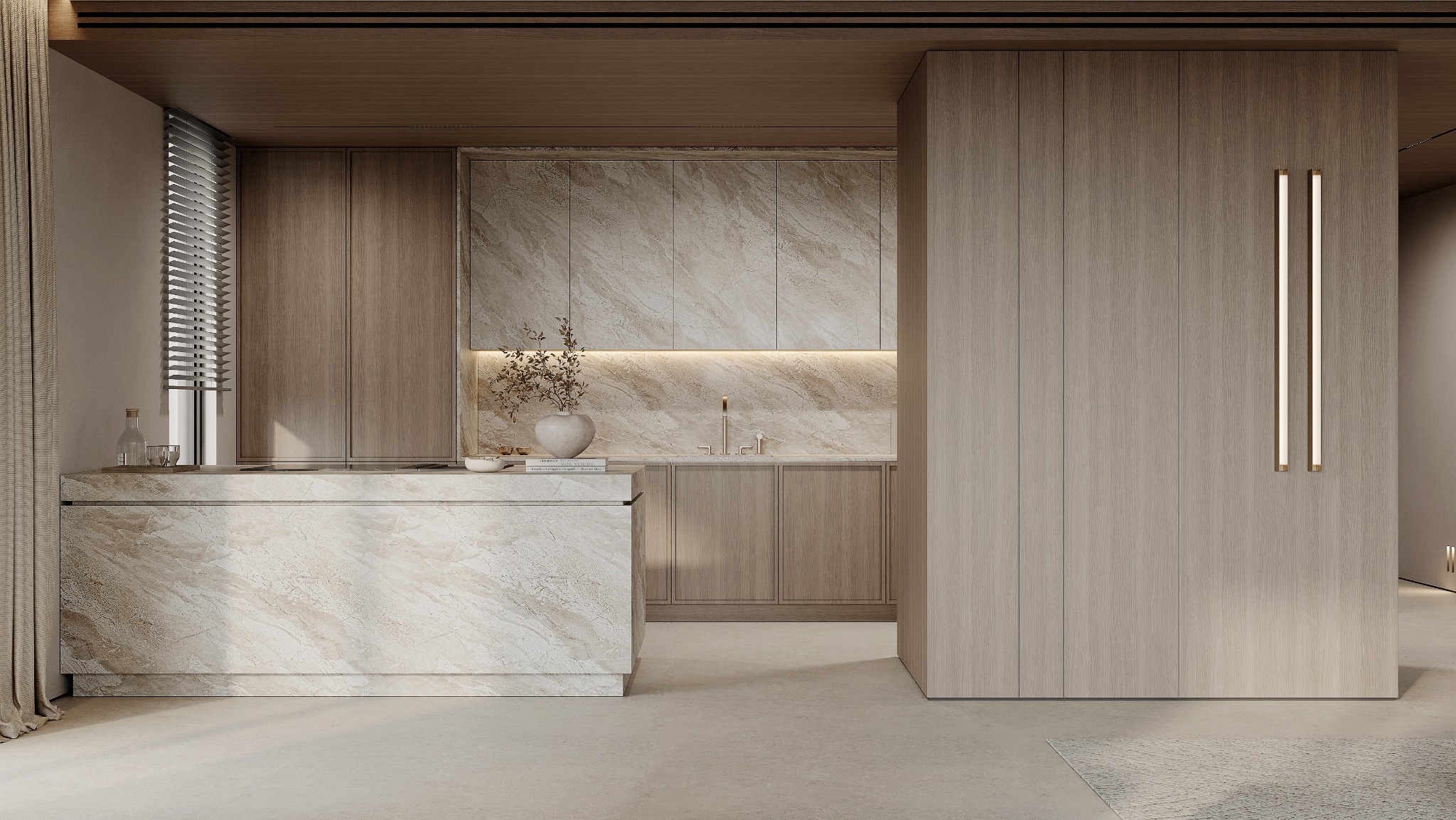 Elegancka kuchnia w beżach: marmurowa wyspa, drewniane szafki, subtelne oświetlenie LED. Minimalistyczny design z dbałością o detale i naturalne materiały.
