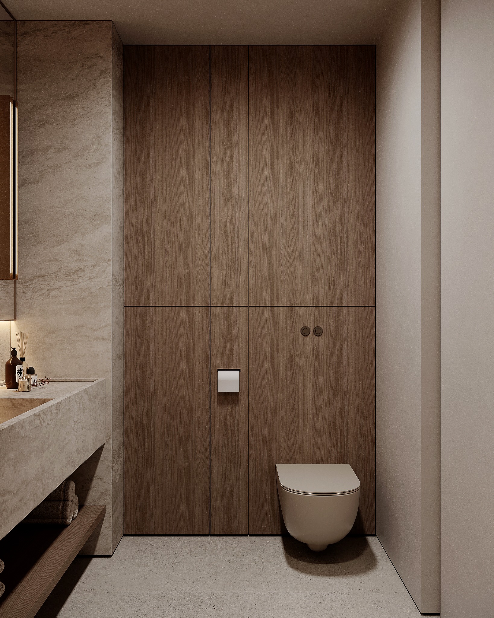 Minimalistyczna łazienka z drewnianą zabudową, umywalką z kamienia i podwieszaną toaletą. Ciepłe, stonowane barwy i proste linie tworzą elegancki wystrój.