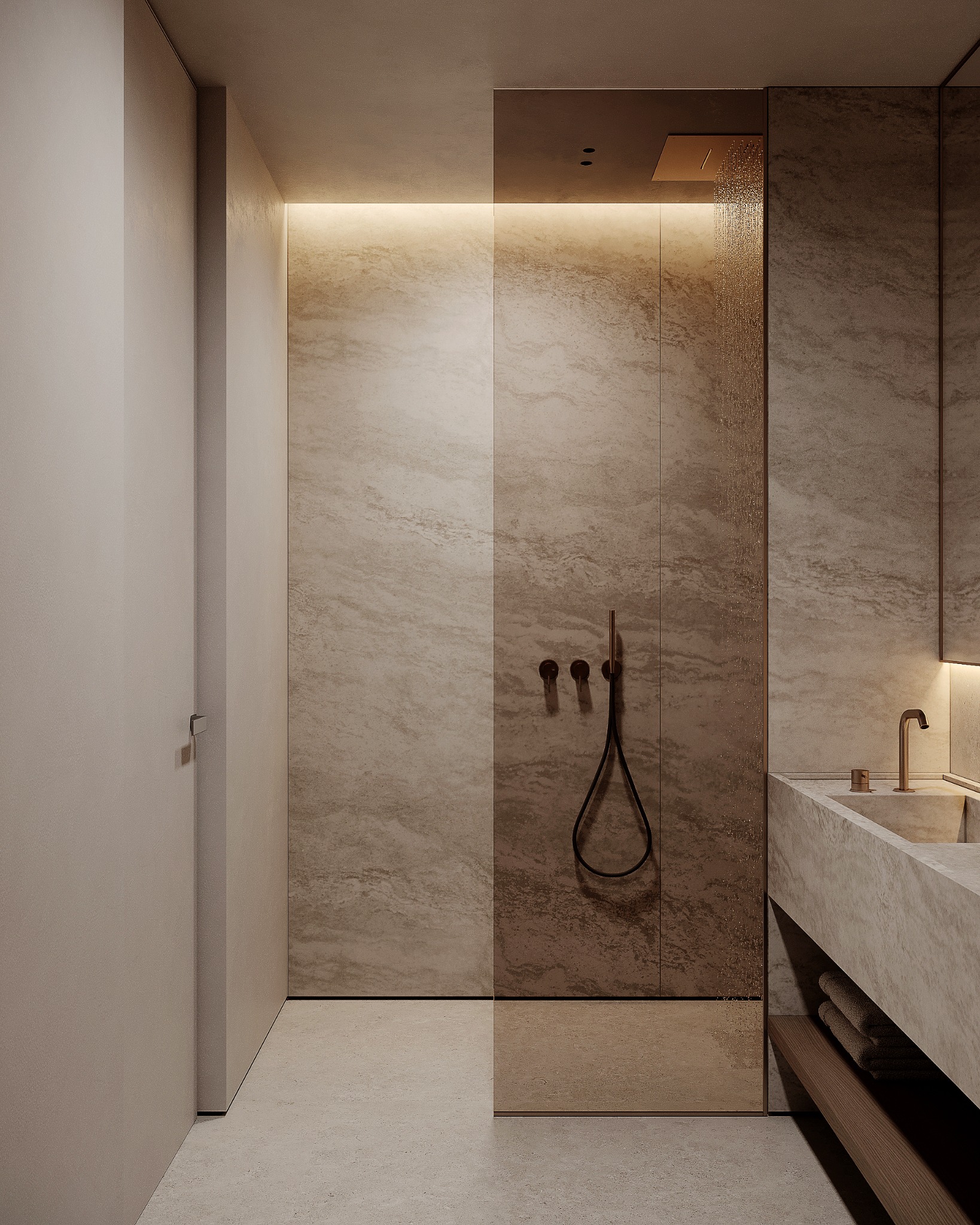 Minimalistyczna łazienka z kabiną typu walk-in, wykończona płytami imitującymi marmur w ciepłych odcieniach beżu. Armatura w kolorze miedzi, podświetlenie LED.