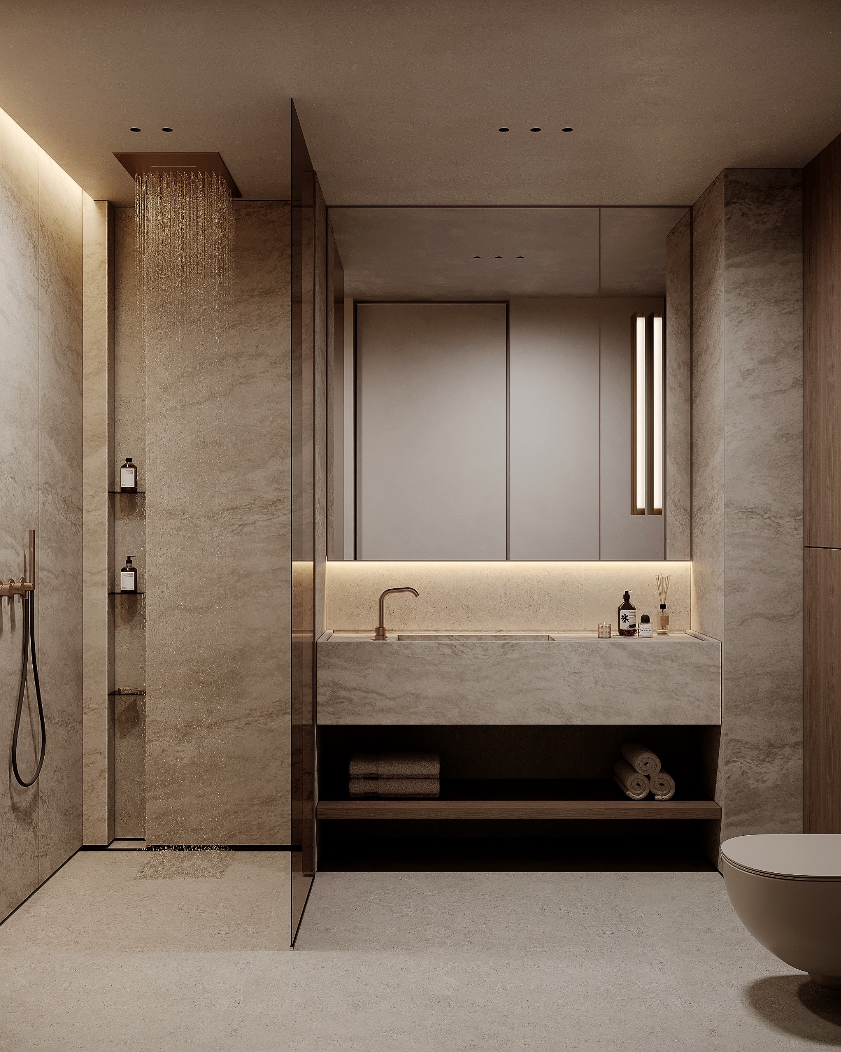 Nowoczesna łazienka w beżach: deszczownica, marmurowa umywalka z podświetleniem LED, minimalistyczne półki i akcesoria. Elegancki design z dbałością o detale.
