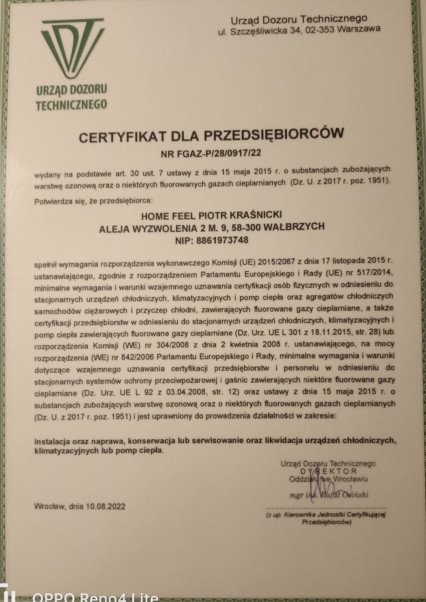 Skan certyfikatu Urzędu Dozoru Technicznego dla firmy HOME FEEL PIOTR KRAŚNICKI, potwierdzający uprawnienia do instalacji, naprawy, konserwacji, serwisowania i likwidacji urządzeń chłodniczych...