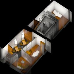 Apa Piotr Ryba Architekci - Wizualizacja 3D wnętrza dwupoziomowego budynku z windą, ukazująca układ pomieszczeń, w tym gabinet z kozetką, pokój z drewnianą ścianą i stołami, oraz łazienkę na piętrze.