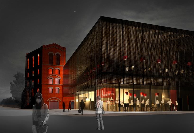 Wizualizacja projektu budynku usługowego z elewacją z metalowej siatki i ceglaną wieżą, oświetloną czerwonym światłem, z sylwetkami przechodniów na pierwszym planie.