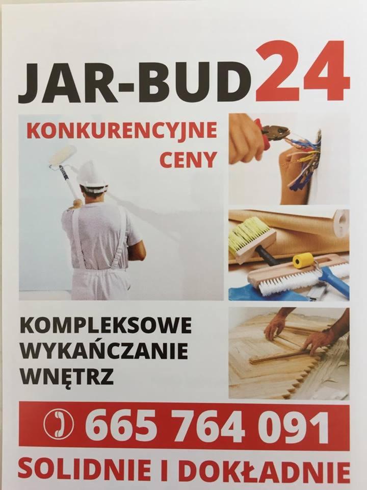Plakat reklamowy firmy JAR-BUD24 oferującej kompleksowe wykańczanie wnętrz, z konkurencyjnymi cenami, numerem telefonu i hasłem 'Solidnie i dokładnie', zawierający zdjęcia malarza, elektryka...