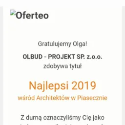 Certyfikat Oferteo dla OLBUD-PROJEKT SP. z.o.o. z Grójca, nagroda Najlepsi 2019 wśród Architektów w Piasecznie.