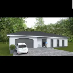 Wizualizacja parterowego domu z garażem i samochodem na podjeździe, dwie osoby stoją przed wejściem.