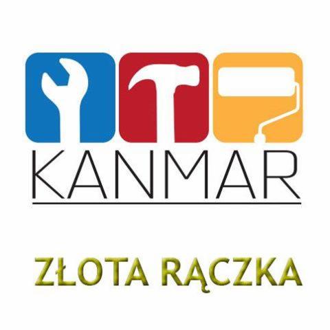 Logo firmy 'KANMAR Złota Rączka' z ikonami klucza, młotka i wałka malarskiego na kolorowych kwadratach.