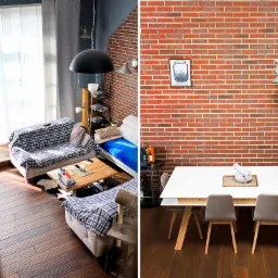 Dwupoziomowe mieszkanie z ceglaną ścianą, drewnianą podłogą i widokiem z góry na salon z sofami w kratę oraz jadalnię z białym stołem i szarymi krzesłami.