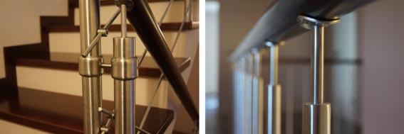 Szczegółowe ujęcie schodów z drewnianymi stopniami i metalową balustradą ze stali nierdzewnej, widoczne mocowania i elementy konstrukcyjne.