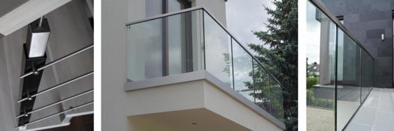 Nowoczesna balustrada balkonowa ze szkła i metalu, widok z różnych perspektyw, minimalistyczny design, szara kolorystyka, tło z zielenią drzew.