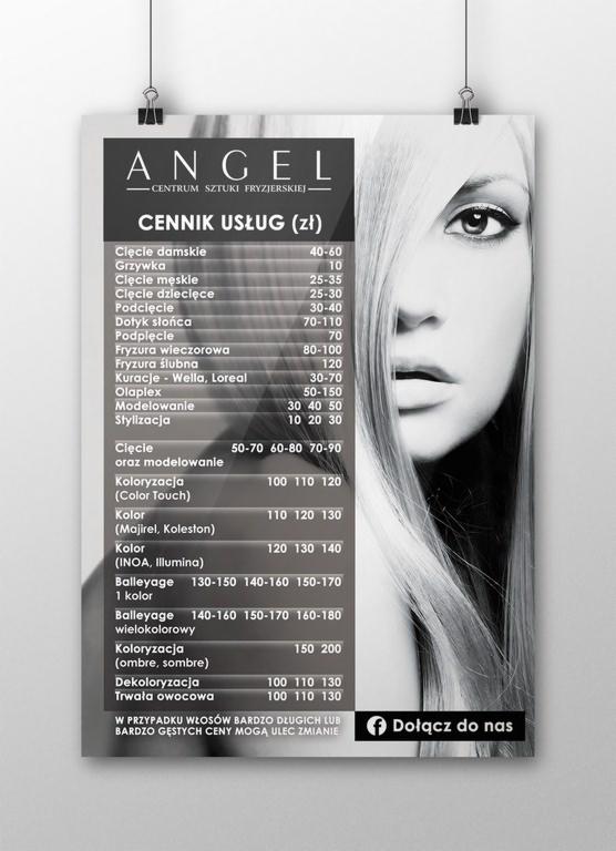 Plakat z cennikiem usług fryzjerskich salonu Angel, prezentujący ofertę cięć, koloryzacji i modelowania włosów, z portretem kobiety o długich blond włosach w tle.
