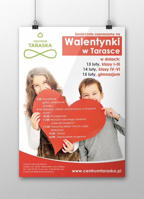Plakat reklamowy zapraszający na Walentynki w Centrum Taraska, przedstawiający uśmiechnięte dzieci trzymające czerwone serca, z programem dnia i informacjami kontaktowymi.