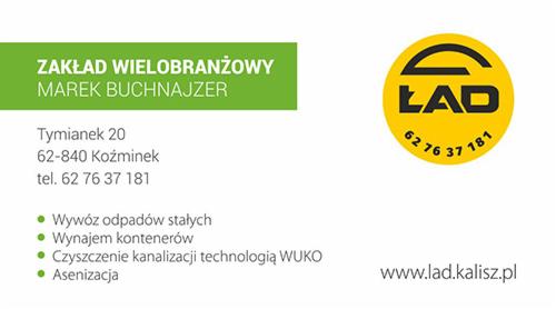 Wizytówka firmy Zakład Wielobranżowy Marek Buchnajzer z listą usług: wywóz odpadów stałych, wynajem kontenerów, czyszczenie kanalizacji technologią WUKO i asenizacja, z adresem, numerem telefonu...