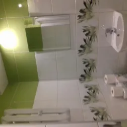 Umywalka narożna z baterią i dekoracyjnymi płytkami z motywem roślinnym w odcieniach zieleni i szarości w łazience z zielono-białymi ścianami i grzejnikiem drabinkowym.