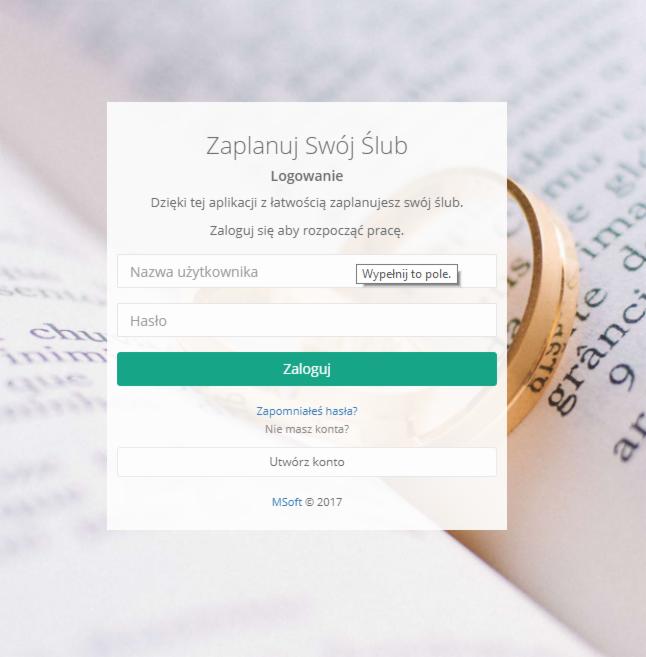 Ekran logowania do aplikacji 'Zaplanuj Swój Ślub' na tle obrączki ślubnej leżącej na kartce papieru z tekstem.