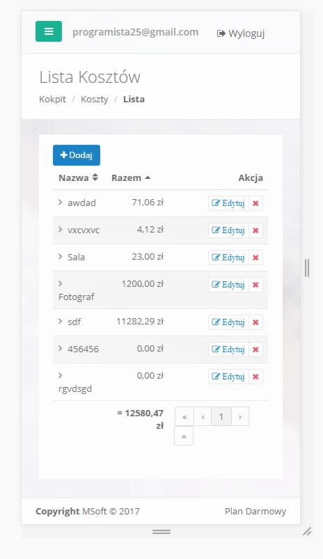 Ekran aplikacji do zarządzania kosztami z listą pozycji, w tym 'Fotograf' na kwotę 1200 zł, z widocznym adresem e-mail 'programista25@gmail.com' w górnej części interfejsu.