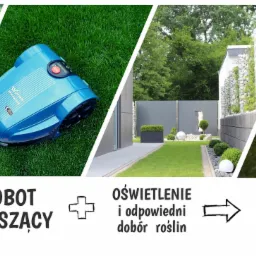 Kompozycja zdjęć przedstawiająca automatyczny system nawadniania, robota koszącego, oświetlenie ogrodowe oraz psa z zabawką na trawniku, symbolizująca zdalny i bezobsługowy ogród.