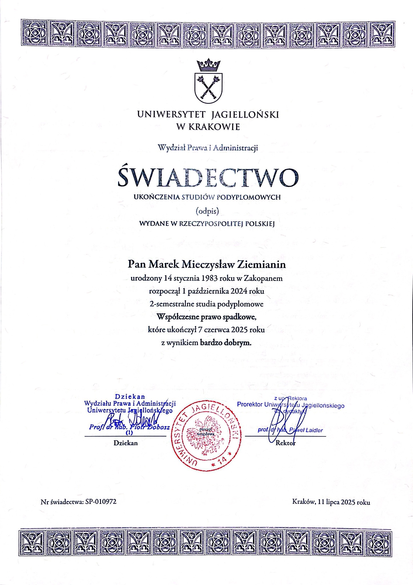 Skan świadectwa ukończenia studiów podyplomowych z zakresu prawa spadkowego, wydanego przez Uniwersytet Jagielloński w Krakowie dla Marka Mieczysława Ziemianina.