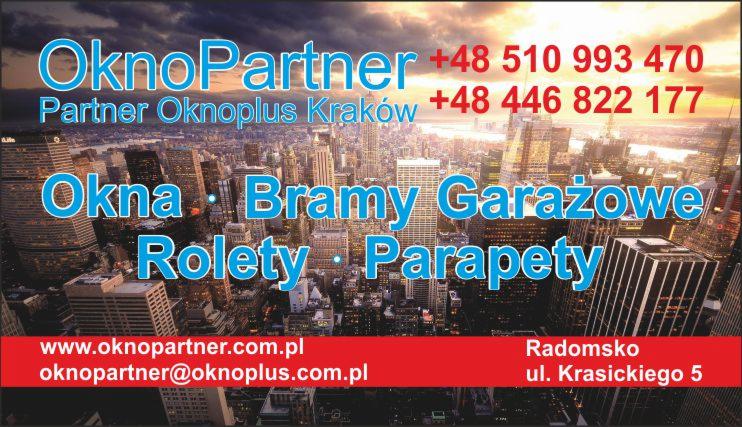 Reklama firmy Oknopartner z Krakowa, oferującej okna, bramy garażowe, rolety i parapety, na tle panoramy miejskiej.