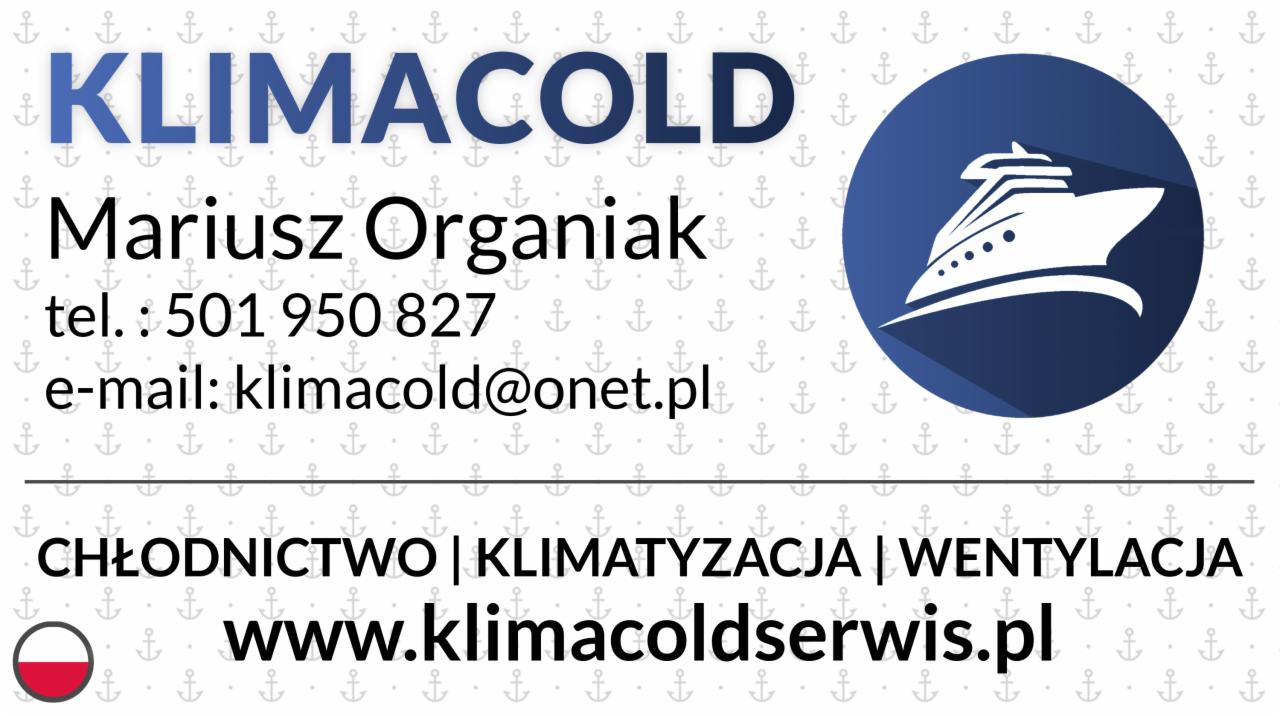 Wizytówka firmy Klimacold z danymi kontaktowymi, logo z motywem statku i informacją o usługach: chłodnictwo, klimatyzacja, wentylacja.