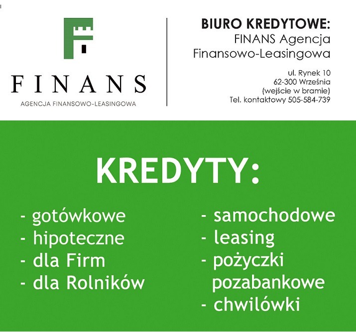 Grafika reklamowa biura kredytowego Finans z zielonym tłem, logo firmy w lewym górnym rogu i listą oferowanych produktów finansowych, w tym kredytów gotówkowych, hipotecznych, dla firm,...