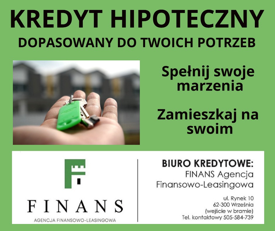 Dłoń trzymająca klucze do nowego domu na tle osiedla, oferta kredytu hipotecznego z hasłem 'Spełnij swoje marzenia, zamieszkaj na swoim', logo agencji finansowej.