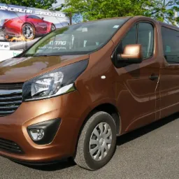 Brązowy Opel Vivaro z widoczną tablicą rejestracyjną DW 2E707, zaparkowany przy drodze z billboardem reklamowym w tle.