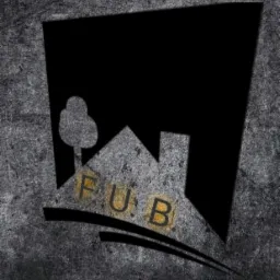 Abstrakcyjne logo firmy z motywem domu, drzewa i liter FUB na teksturowanym tle.