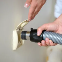 Podłączenie węża odkurzacza centralnego do gniazda w ścianie, widoczne dłonie kobiety z francuskim manicure.