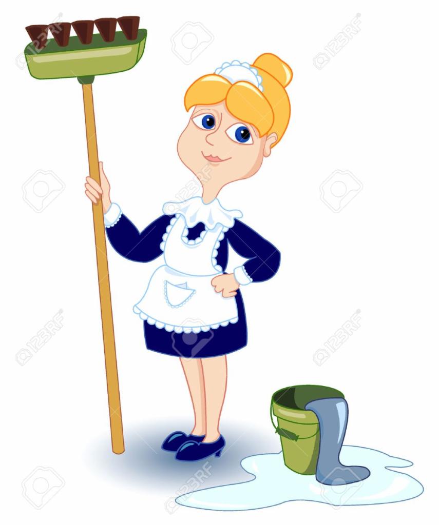 Karykaturalna ilustracja kobiety w stroju pokojówki z mopem i wiadrem wylewającej się wody.