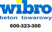 Niebiesko-żółte logo firmy Wibro z napisem 'beton towarowy' i numerem telefonu 600-323-300 na białym tle.