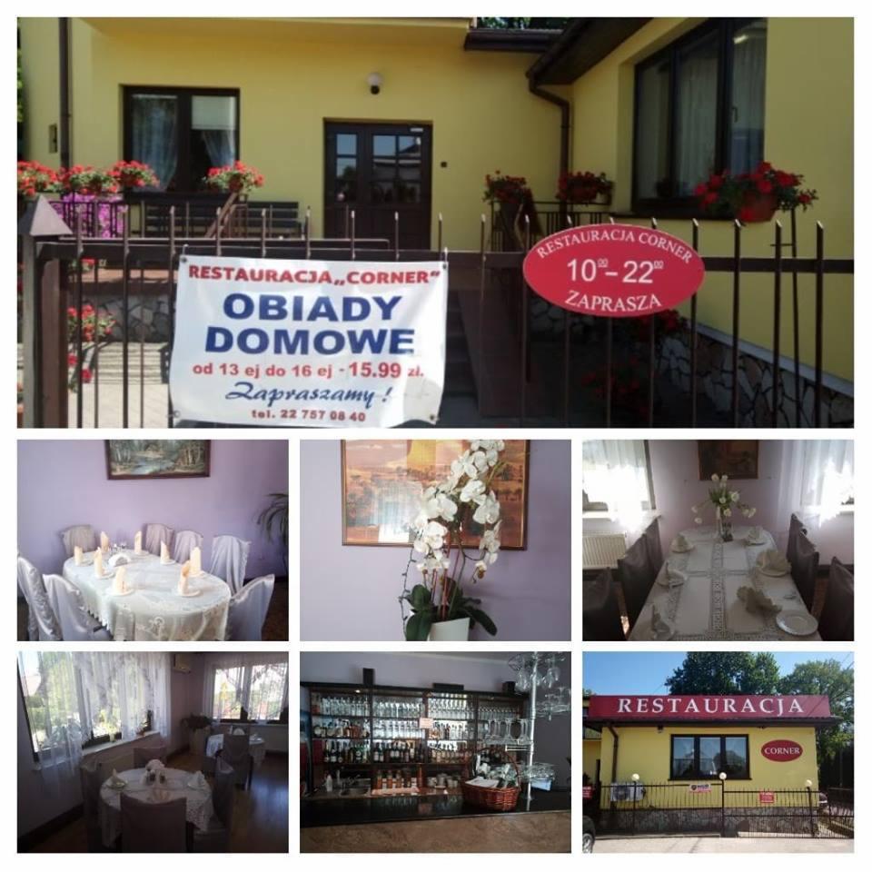 Restauracja Corner prezentuje ofertę obiadów domowych w cenie promocyjnej, widoczne wnętrze z nakrytymi stołami i barem oraz elewacja budynku z kwiatami.