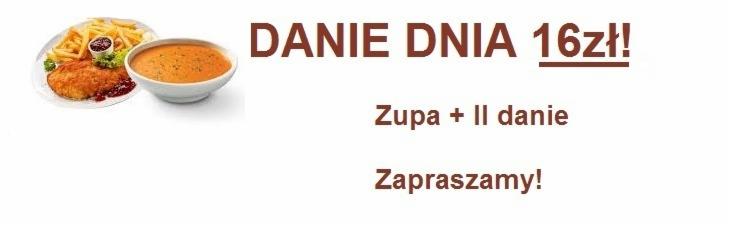 Oferta dnia: zupa krem i kotlet schabowy z frytkami i sosem żurawinowym, cena 16 zł. Zapraszamy!