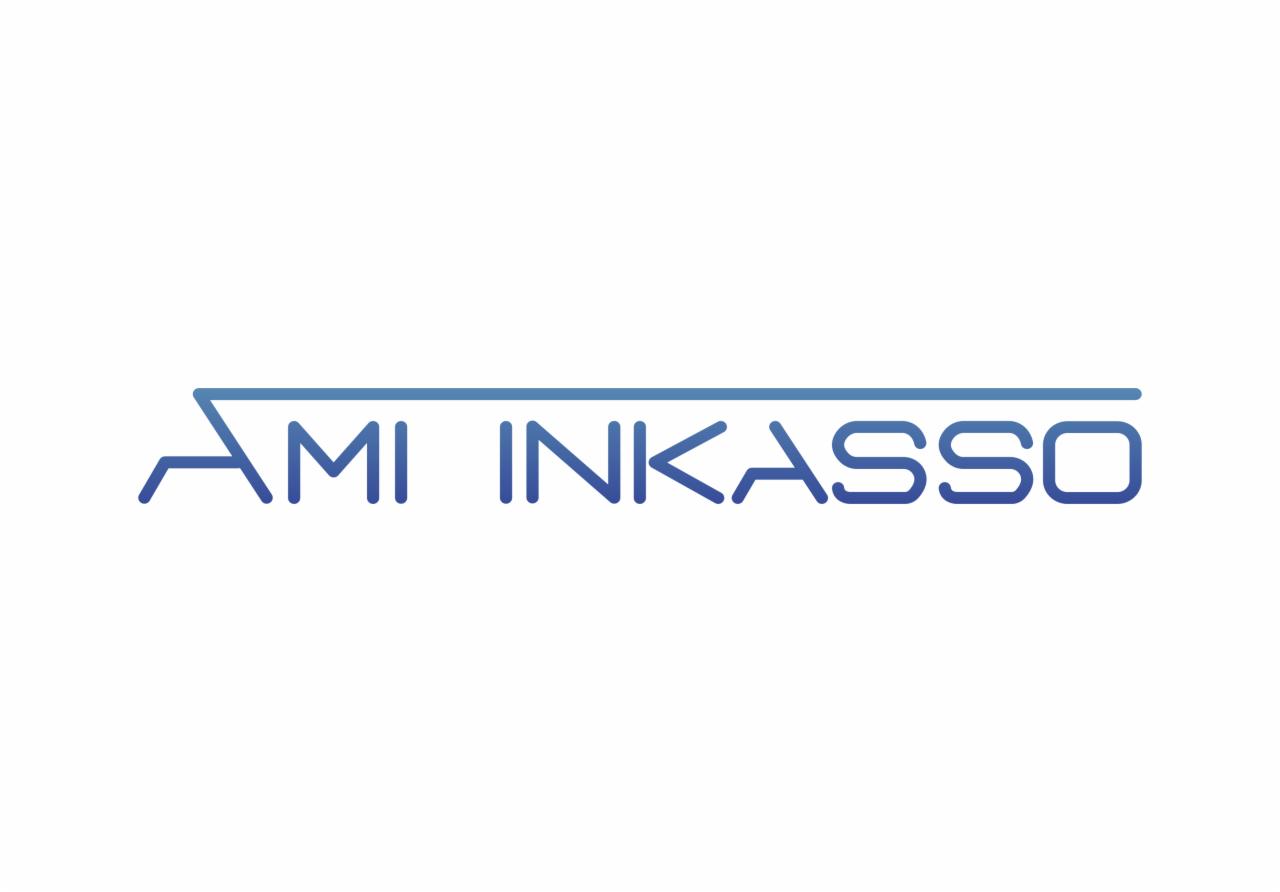 Logo firmy AMI INKASSO w odcieniach niebieskiego, z poziomą linią nad nazwą na białym tle.