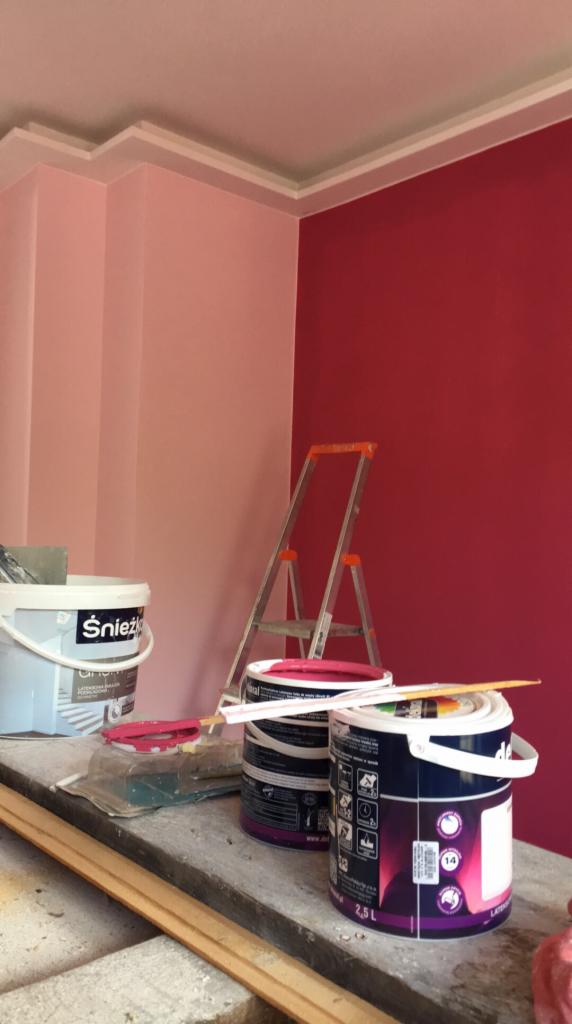 Ściana pomalowana na dwa odcienie różu i czerwieni, z widoczną drabiną, puszkami farb, wałkiem i pędzlem na zabezpieczonej podłodze.