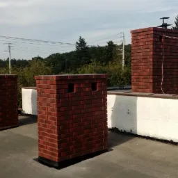 Trzy kominy z czerwonej cegły na płaskim dachu pokrytym czarną papą, na tle zieleni drzew i pochmurnego nieba.