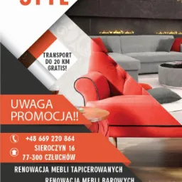 Reklama zakładu tapicerskiego 'Styl' z informacją o darmowym transporcie do 20 km, promocji i konkurencyjnych cenach. W tle aranżacja wnętrza z czerwonym fotelem i szarą sofą.
