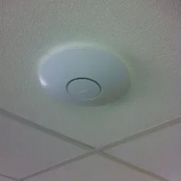 Płaski, okrągły punkt dostępowy Wi-Fi zamontowany na kasetonowym suficie biurowym, widoczny z dołu.