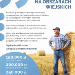 Grafika reklamowa z uśmiechniętym rolnikiem na tle pola ze słomianymi balotami, zachęcająca do skorzystania z dotacji na rozwój przedsiębiorczości na obszarach wiejskich.