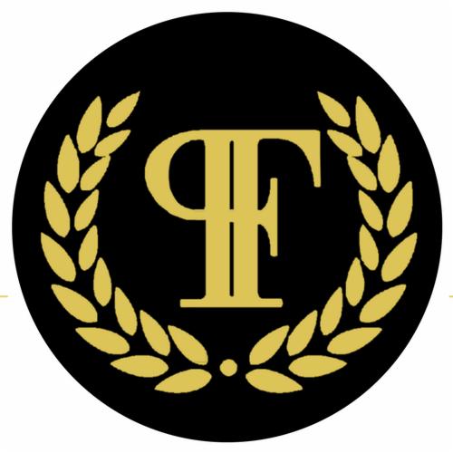Złote logo z literą F otoczoną wieńcem laurowym na czarnym tle.